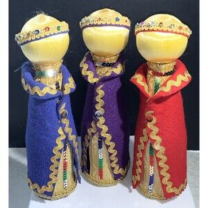 Vtg Wise Men Kitsch Handmade 60s 70s Satin Felt Sequins Beaded Bottle Nativity